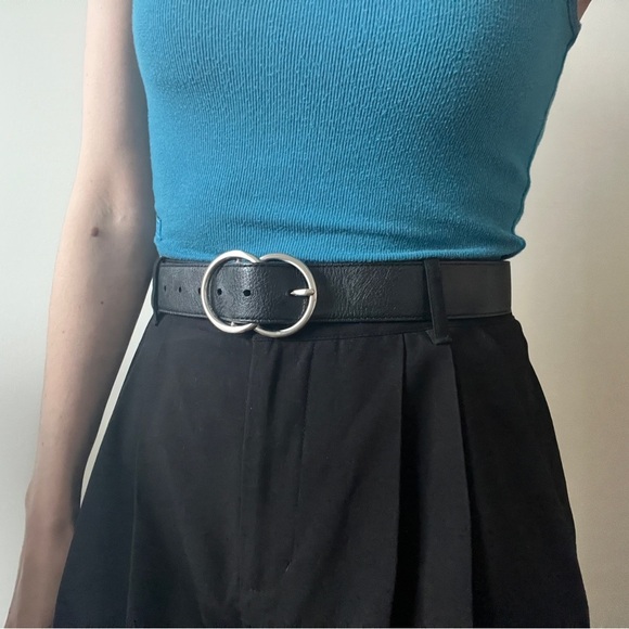 Black Genuine Leather Silver Double Loop Buckle Preppy Prep Statement Belt - Picture 2 of 10